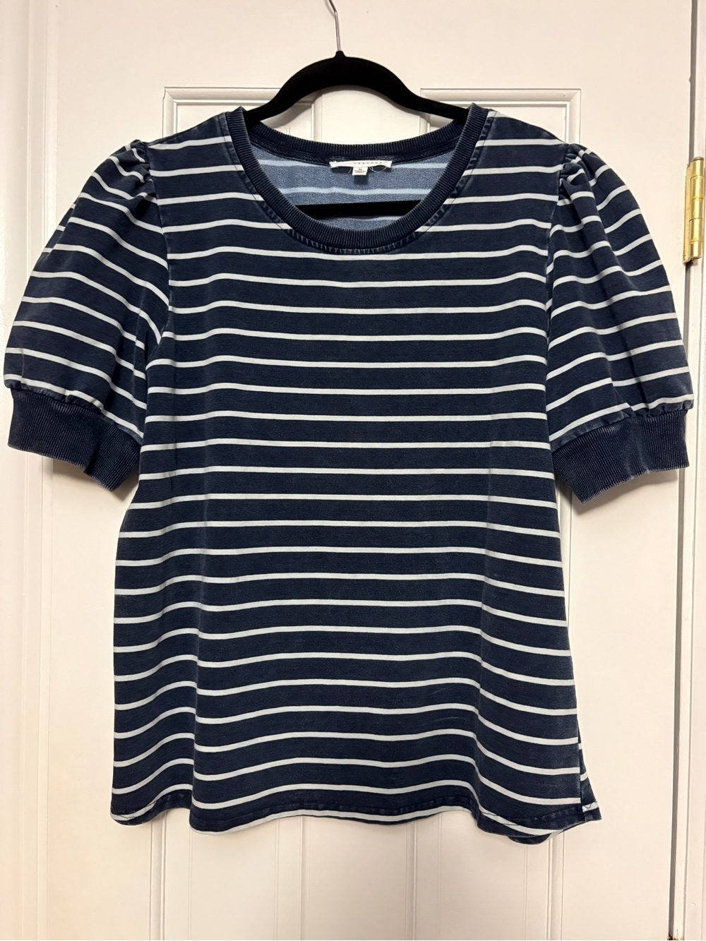 Jane and Delancey Navy and White Striped Puff Sleeve Top